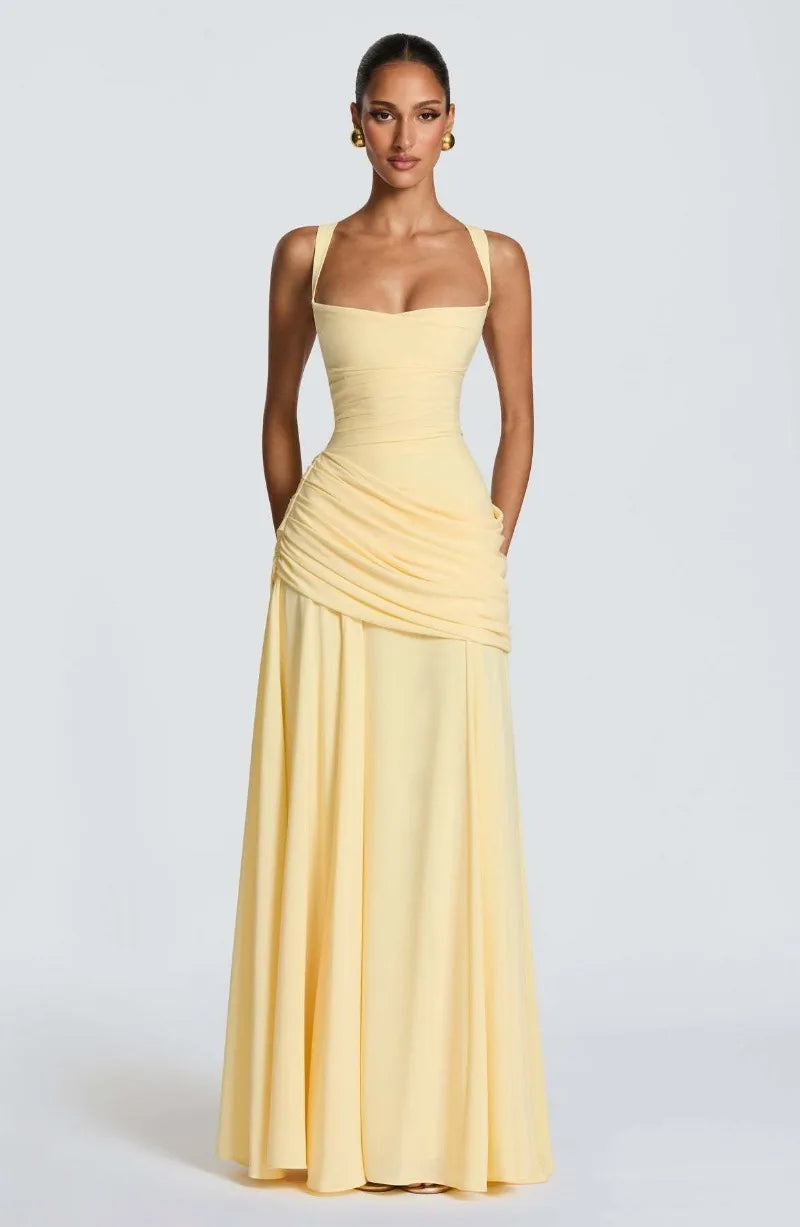 Women Yellow Low Cut Backless High Waisted Dress Cincher Spaghetti Strap Vestidos Party Club Women Robe Elegant Evening Dress