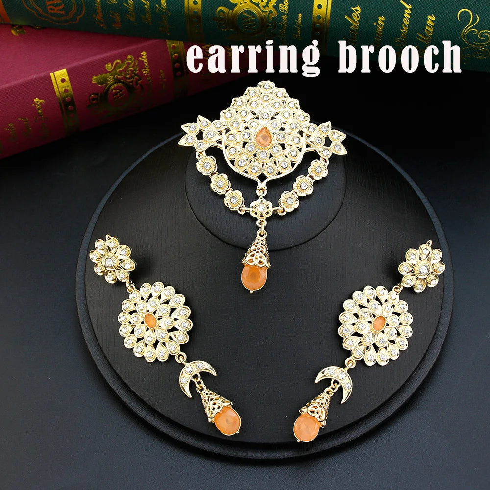 Sunspicems Moroccan Jewelry Sets For Women Gold Color Caftan Waist Chain Belt Orange Bead Choker Necklace Drop Earring Brooch
