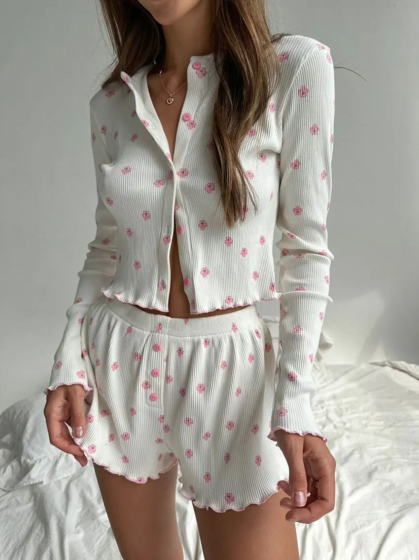 2025 New Ribbed Knit Pajama Set for Girls Print Floral Long Sleeve Top Shorts Casual Fashion Loungewear Sleepwear for Women