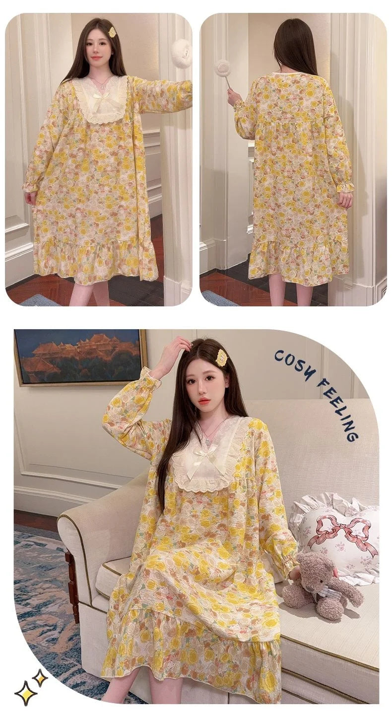 2026 Comfy Long Sleeve Home Dress, Women's Floral Print Loungewear for Spring Autumn, Oversize Sweet Korean Style