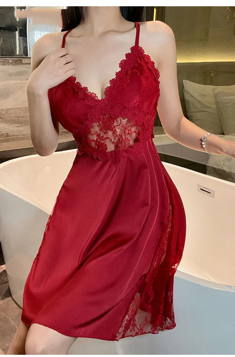 2025 new sexy camisole nightgown women's lace home sleepwear satin deep V backless luxury camisole sleepwear plus size red black