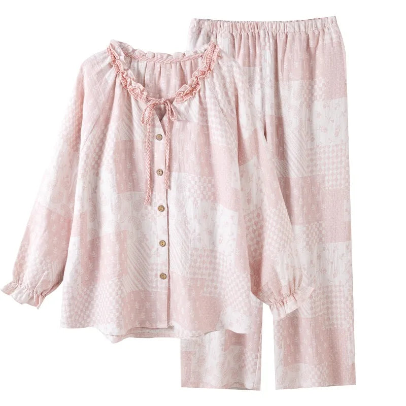 Cottagecore Romantic Pajama Set Women Soft Cotton Gauze Ruffle Neck Loungewear Sweet Patchwork Print Sleepwear 2 Piece Suit