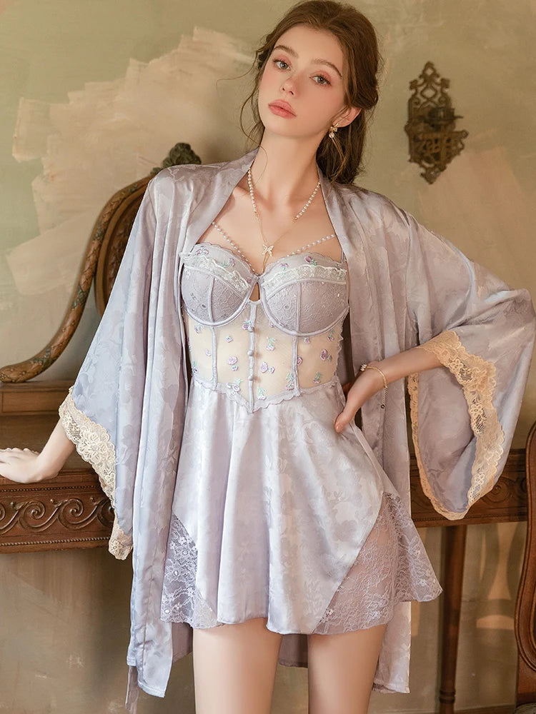 Magdalyn Women Sexy Satin Floral Embroidered Strappy Dress Ins Sleepwear Pajamas Nightgowns Padded Lace Spaghetti Strap Sundress