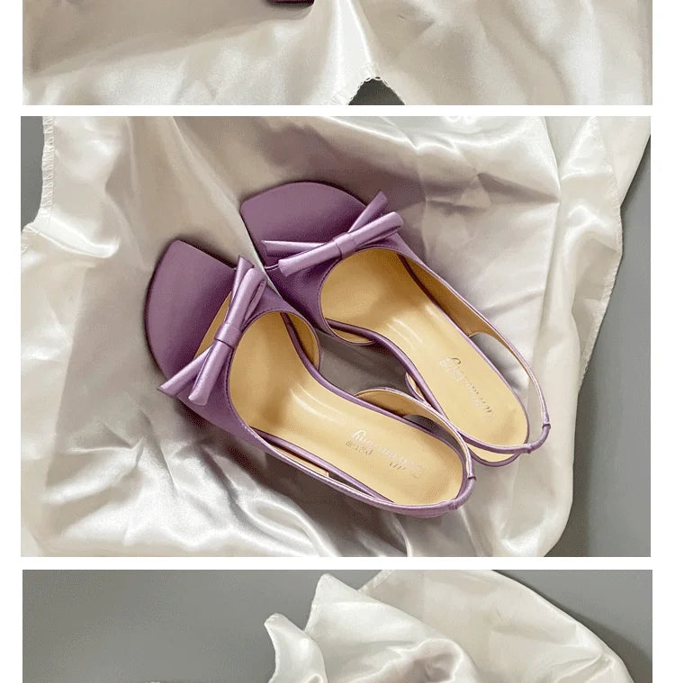 Lilac Purple Women's Fashion Sandals Backless Knot Toe Exposure Silk Satin High Heels Elegant Lady Style Shoes Increased Height