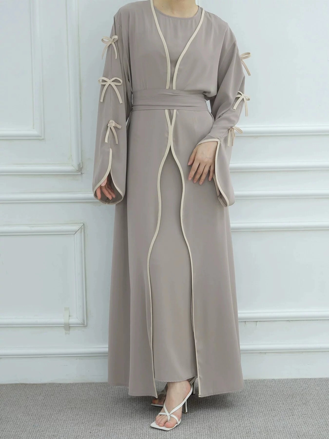 Ladies' Arab Long Gown with Bow Knot Soft Comfortable Casual Solid Color Outer Dress with Belt