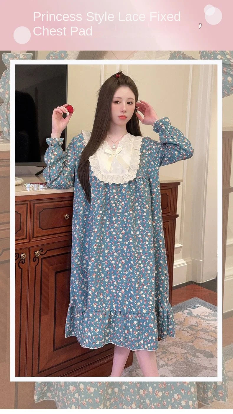 2026 Comfy Long Sleeve Home Dress, Women's Floral Print Loungewear for Spring Autumn, Oversize Sweet Korean Style