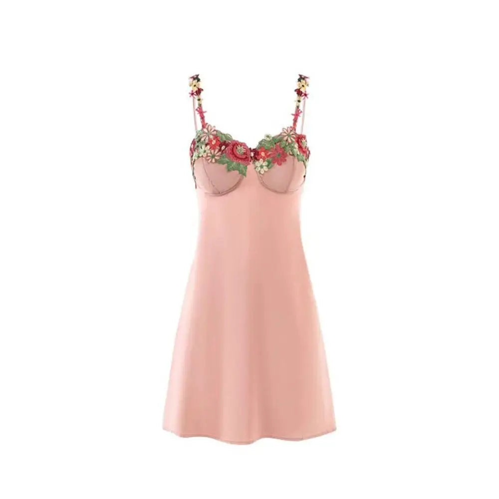 Flower Embroidery Women's Pajama Dress Sleeveless Thin Satin Silk Suspender Nightdress Sleepwear Beauty Back