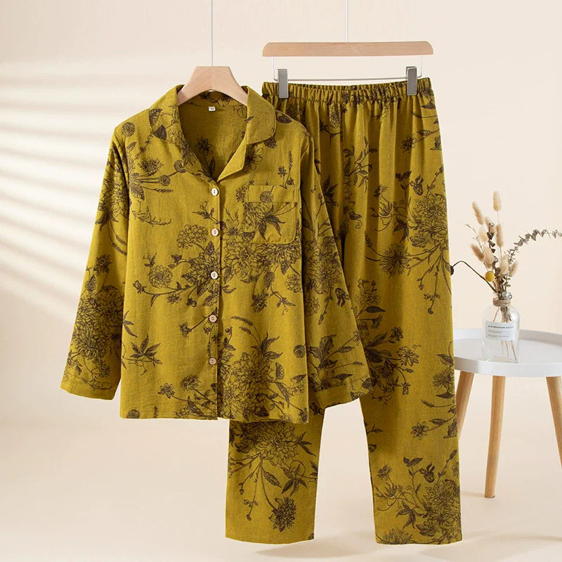 Pure Cotton Pajama Sets Autumn sleepwear Button Down Tops And Trousers Set Floral Nightwear Loungewear Suit Pijama Pyjama