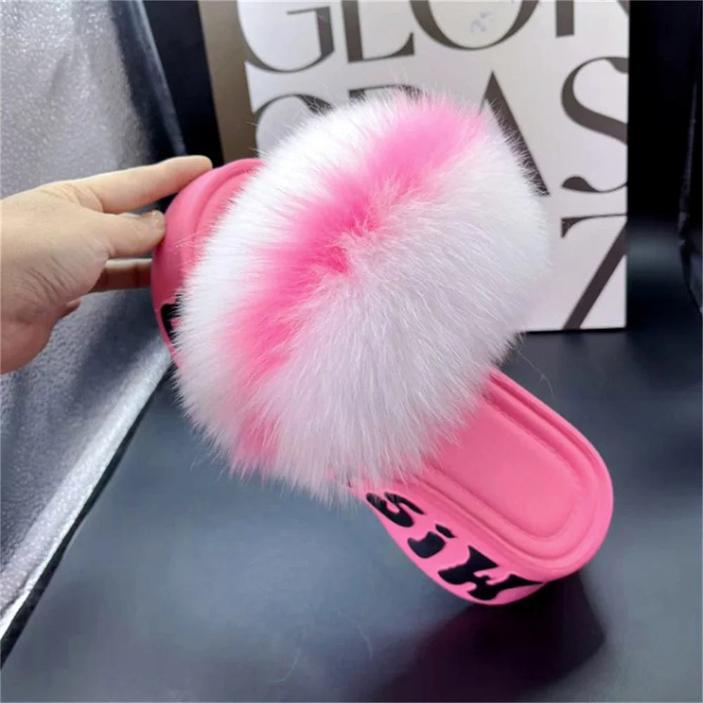 Comfortable Fluffy Fur Shoes For Woman 2026 Summer Sandals Luxury Designer Real Fox Fur Slippers Women Fashion Beach Flip Flops
