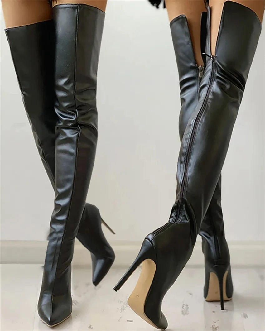 Women Boots Red Black Pointy Toe Thigh High Long Boots Autumn Winter Zip Over-the-Knee Boots Party Shoes Plus Size 46 Stiletto