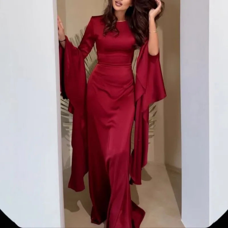 Women Cocktail Party Dress Big Swing Middle Eastern Long Floating Sleeves Slim Empire Lady Banquet Solid Maxi Clothing