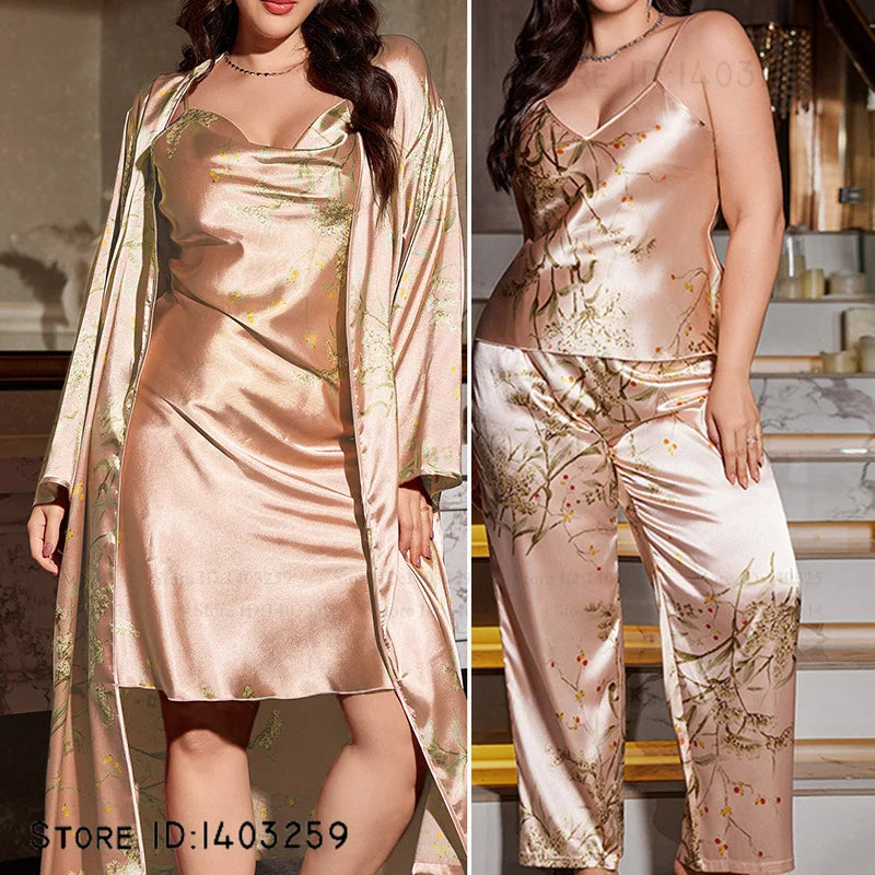 Large Size Female Long Robe Pajamas Four-Piece Set Sleepwear Sexy Lingerie Print Floral Bathrobe Pijamas Suit Loose Homewear 5XL