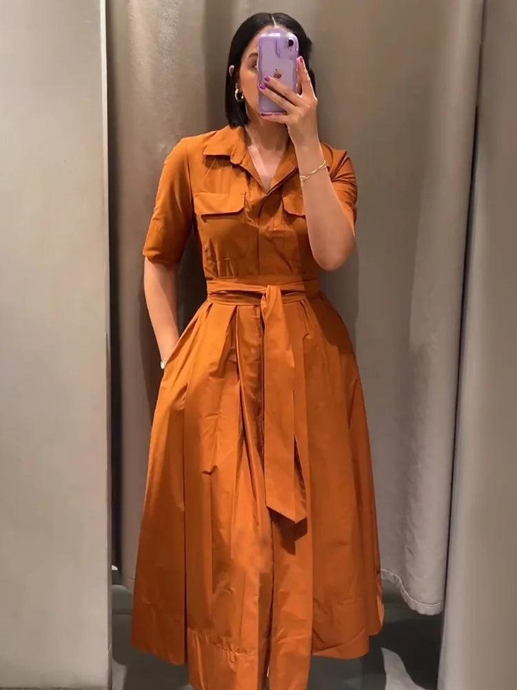 HH Women Summer Lapel Short Sleeve Pocket Single-Breasted Belt Decorate Midi Dress Female Fashion Shirt Style Pleated Dress