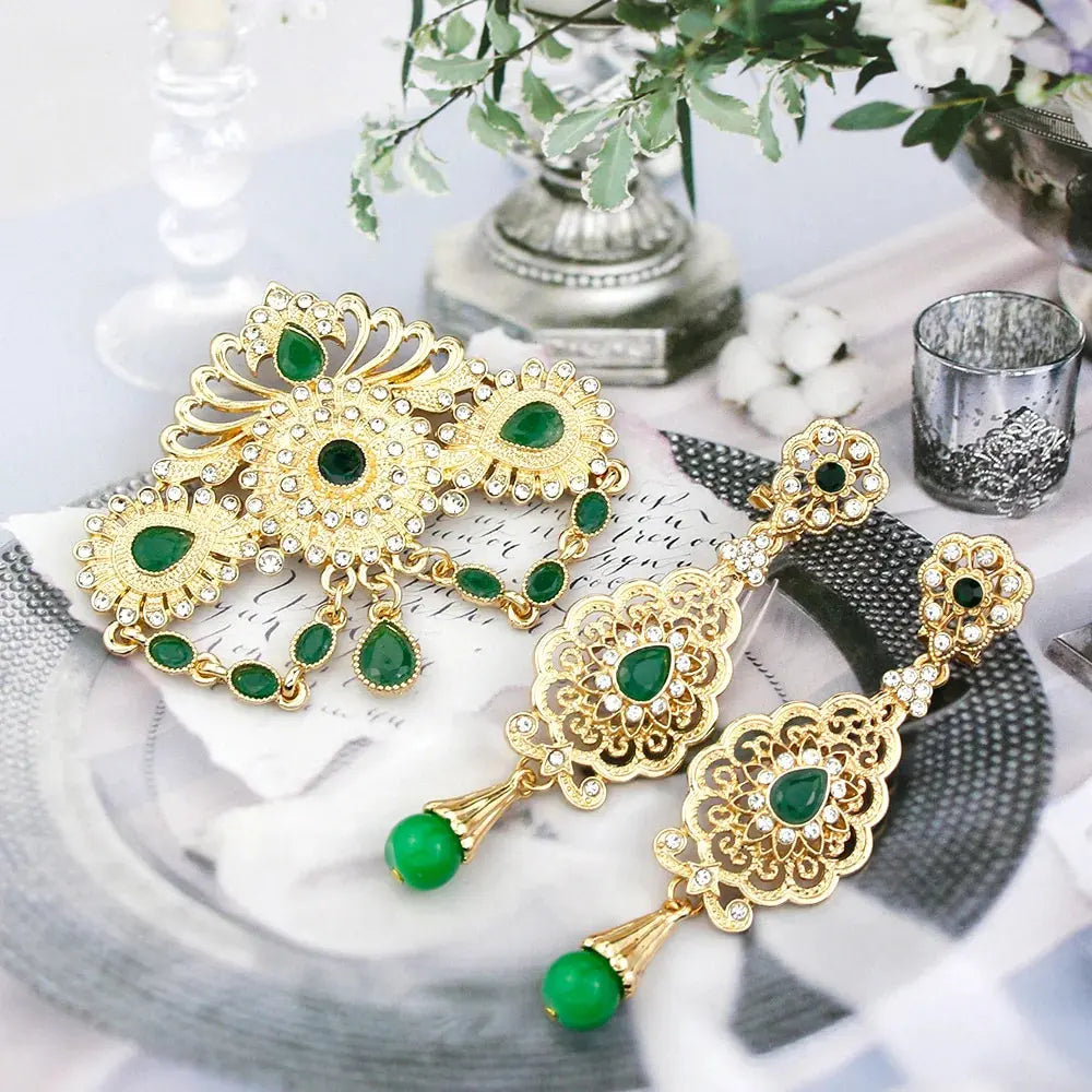 Elegent Arabic Morocco Women Hollow Filigree Brooch Drop Earring Sets Gold Color Bridal Wedding Jewelry Crystal Bijoux