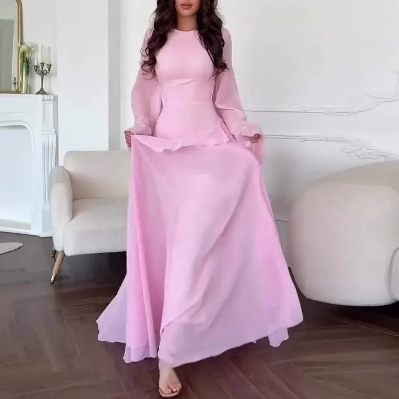 Robes for Woman Elegant O Neck Solid Ruffles Party Pleated Dress Spring Autumn Flare Sleeve Tie-up Slim Female Clothing Vestidos