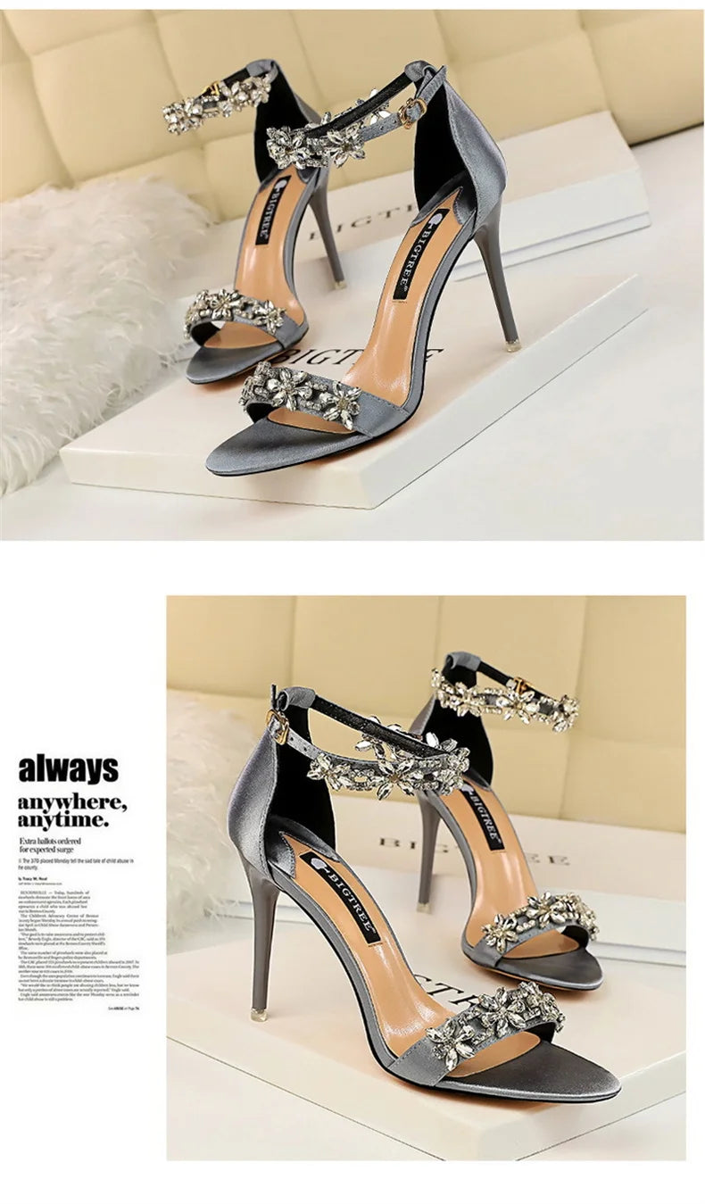 Open Toe Rhinestones Sandals Women 2024 New Designer Luxury High Heels Female Shoes Summer Heeled Satin One Word Belt 368-1