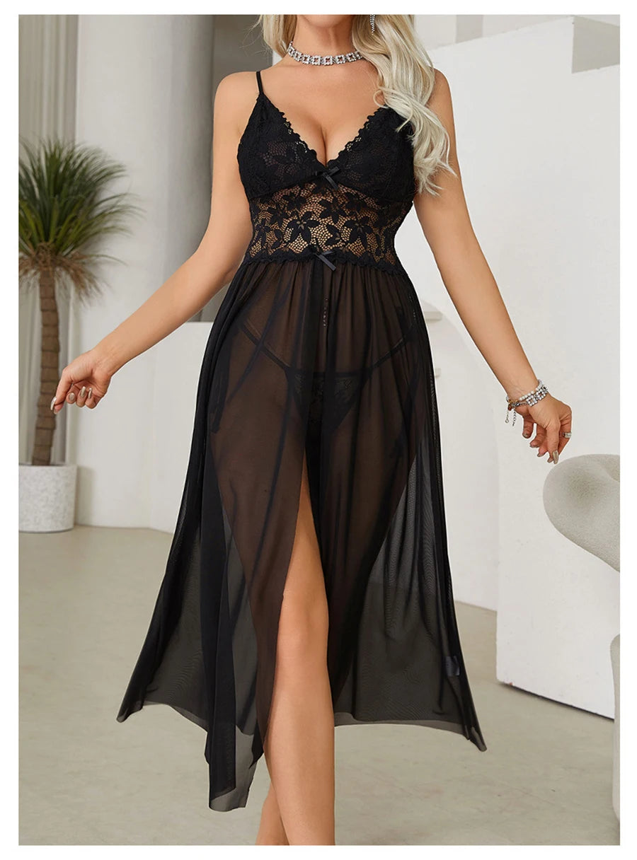 Women Sexy Floral Lace Mesh Nightgown V-Neck Sleeveless High Slit Backless Slip Dress with Bowknot Suspender Lingerie Sleepwear