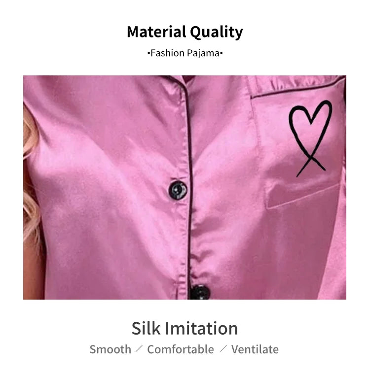 Luxurious Satin Pajama For Women 2 Piece Pjs Set Pocket Heart Embroider Sleepwear Autumn Long Sleeve Tops & Pants Pyjama Female