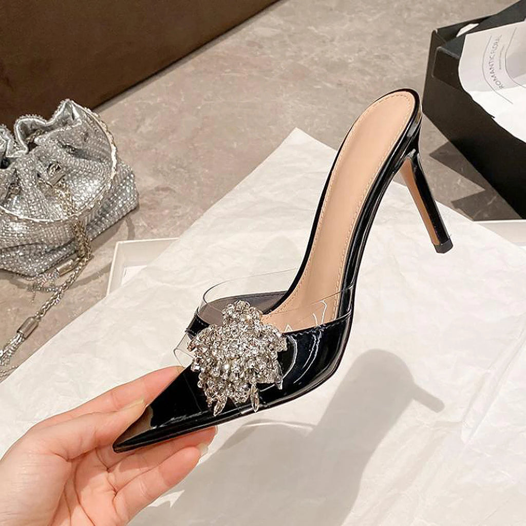 Sexy lady 2026 Diamond-Encrusted Pointed-Toe Mules Women's Sandals Transparent High Heels Sexy Thin Heel Versatile Slipperss