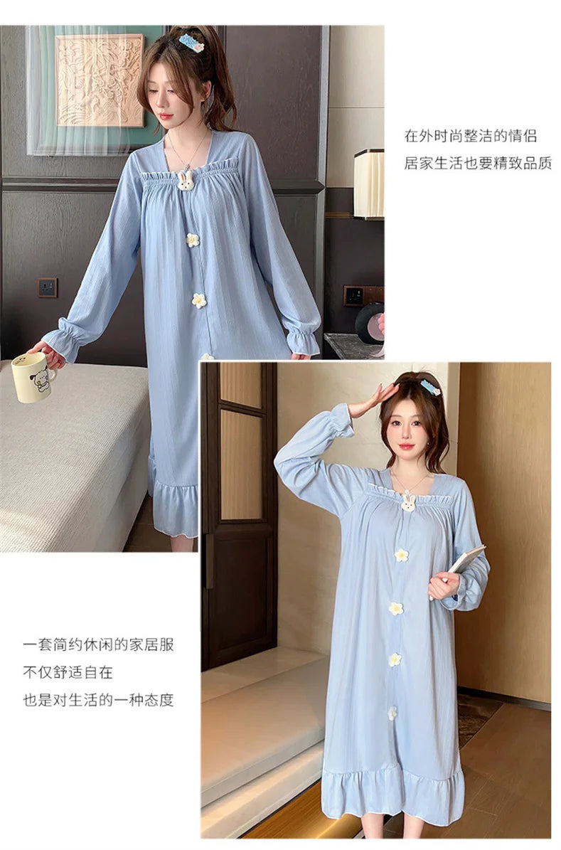 Autumn Winter New Women Cotton Nightdress With Chest Pad Long Dress Sweet Loose Long Sleeve Home Wear