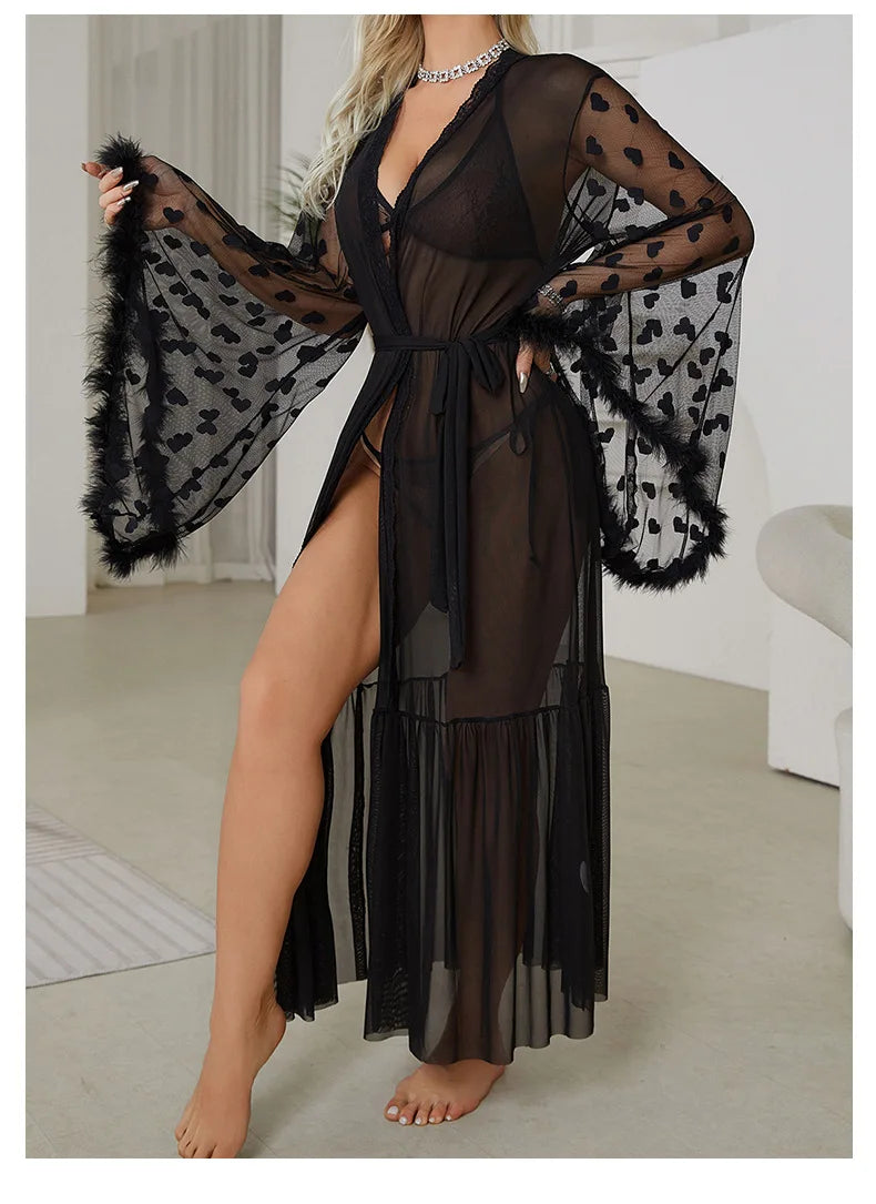 Sexy Bride Wedding Dress Soft Mesh Lace Flower Robe Long Kimono Nightwear Loose Bathrobe Feather Trim Big Sleeve Nightgown