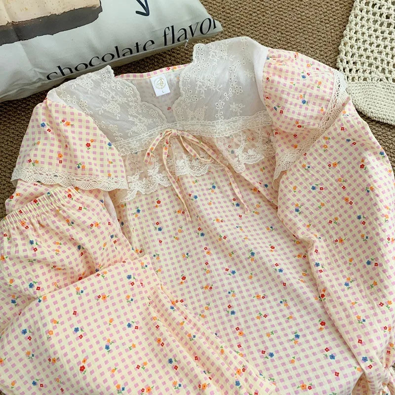 Korean Casual Lace Design Homewear Plus Size 2 Piece Suit Sweet Cute Print V-neck Women's Pajamas Set Autumn Winter New Pajamas