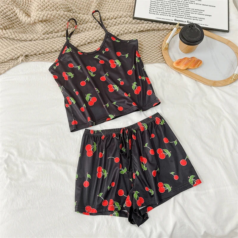 Summer Elegant Floral Print Sleepwear Women Sexy Ultra-Thin Vest and Shorts Comfortable Loungewear Breathable Nightwear HomeWear