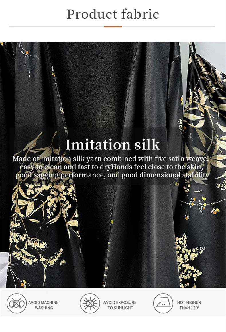 Elegant Print Flower Pajamas 5 Piece Set Women Casual Kimono Bathrobe Gown Sexy Silky Rayon Nightgown Loose Home Clothes