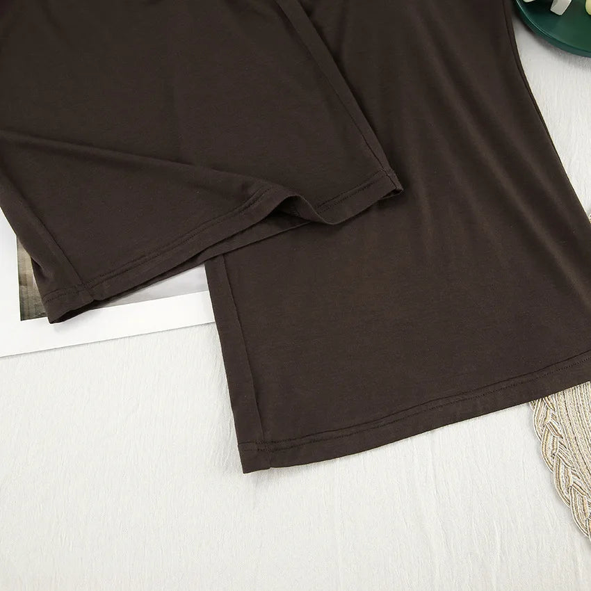 New 2026 Brown Loose Female Sleepwear Suit O-Neck Nightgowns Long Sleeve Nightwear Wide Leg Pants Women's Pajamas 2 Piece Set
