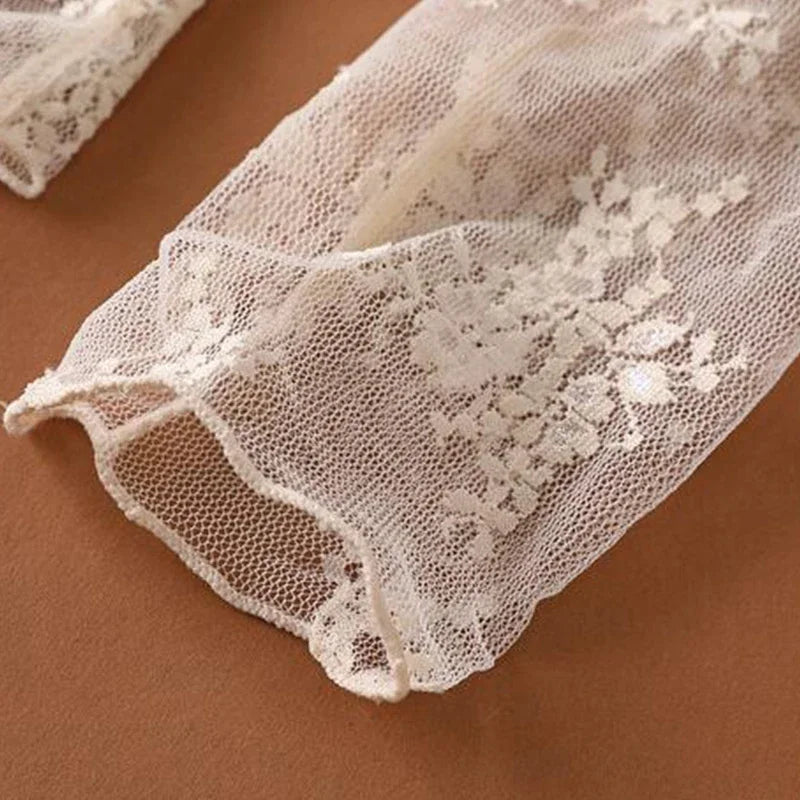Sexy Floral Lace and Mesh Ruffle Nightgown Woman Sleep Tops Nightie Turtleneck Mesh Layering Top Y2k Floral Tee Shirts Blouse