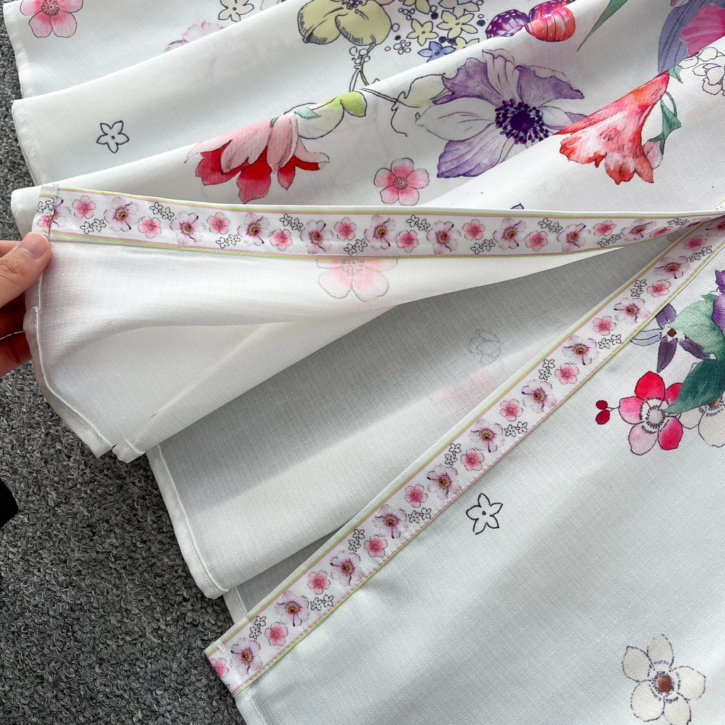 Runway 2025 Spring Summer Floral Print Long Shirt Dress Women's Turtleneck Lantern Sleeve Print Belt Casual Holiday Dress Female
