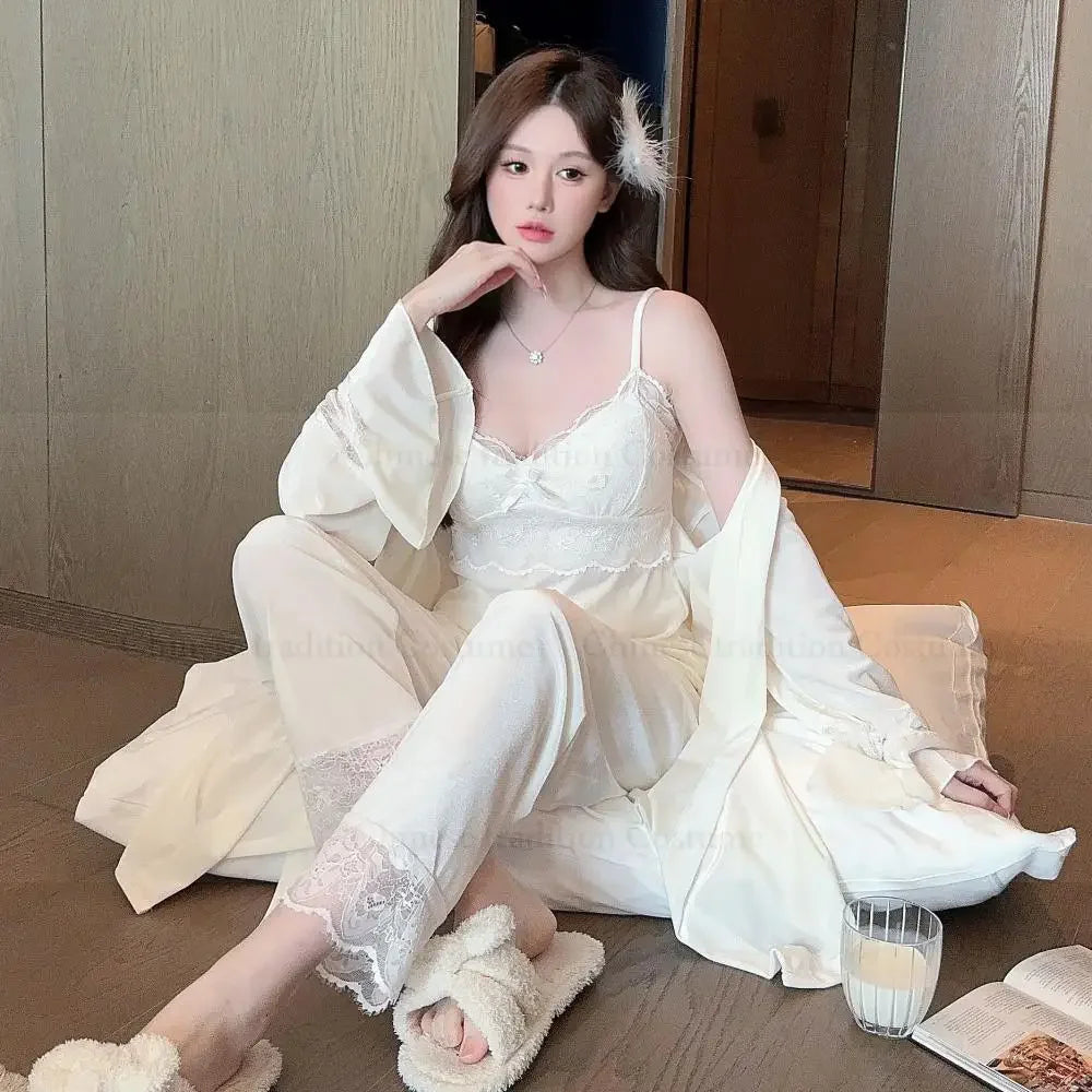 Warm Home Clothes Lady Sexy Lace Flower Trim Nightwear 3Pcs Velour Pajamas Set Luxury Velvet Cami Top&pants Loungewear Winter