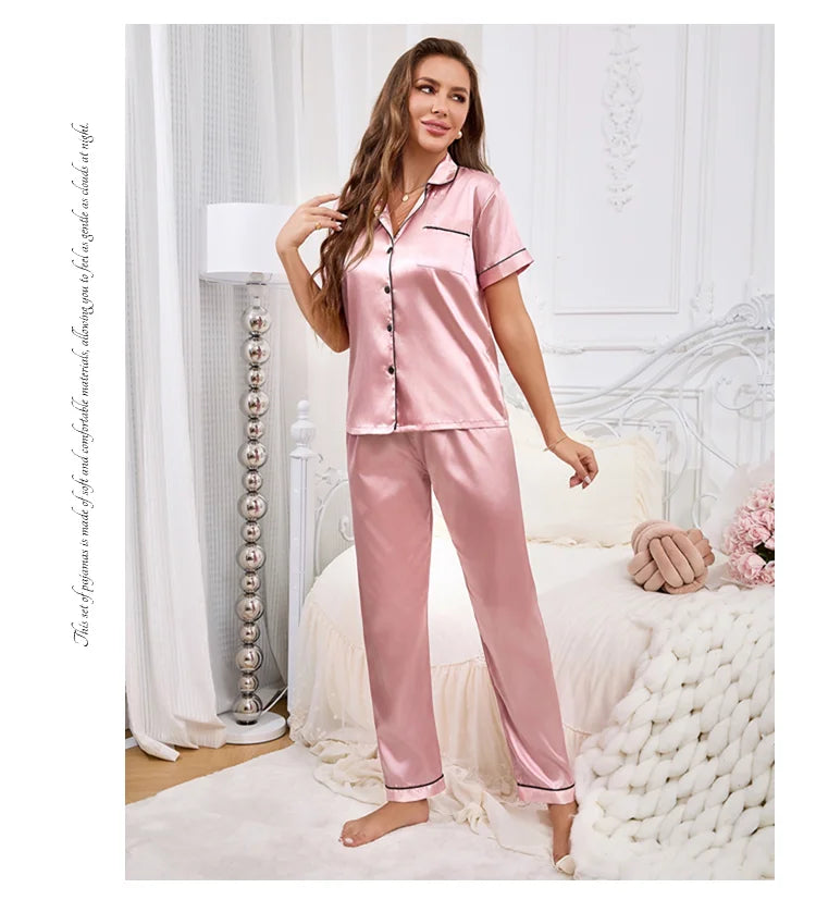 Women Pajamas Sets Spring Short Sleeve Satin Button-Down Top with Pants 2 Piece Pajama Set Sleepwear Pj Set Homewear Loungewear