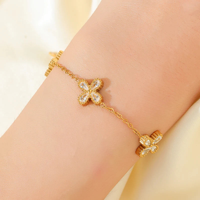 GANEMLY 316L Stainless Steel Round Sparkling Zirconia Bracelet For Women Fashion Fine Wrist Chain Waterproof Jewelry Lady Gift
