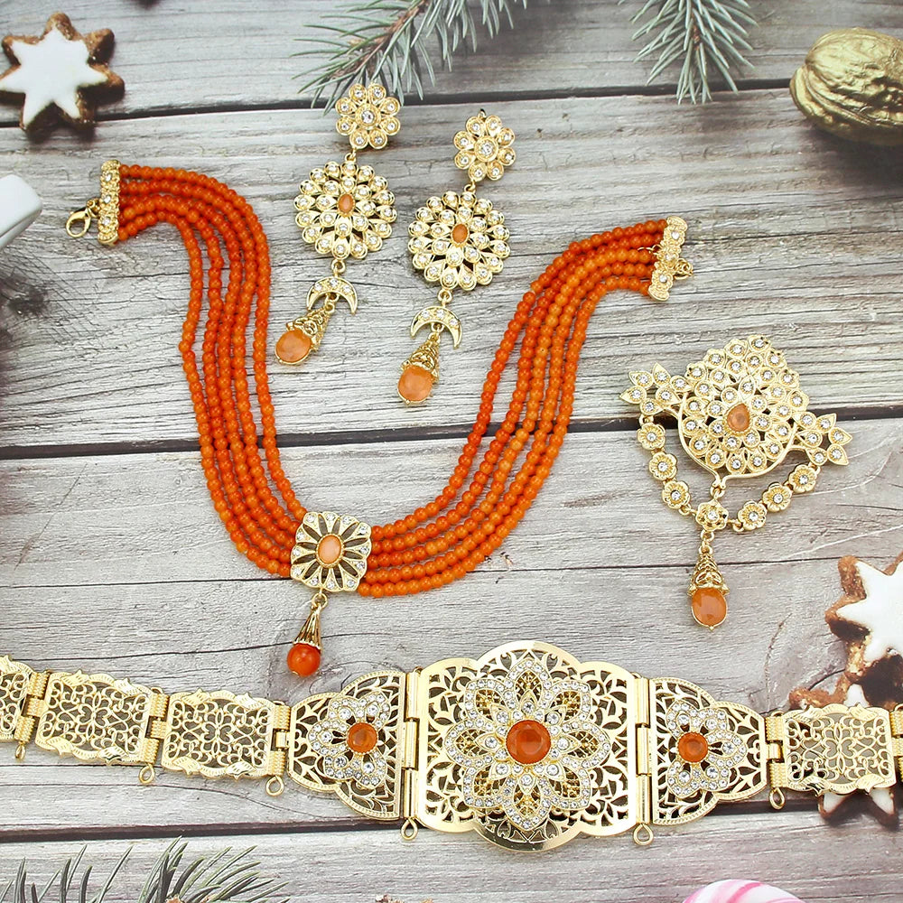 Sunspicems Moroccan Jewelry Sets For Women Gold Color Caftan Waist Chain Belt Orange Bead Choker Necklace Drop Earring Brooch