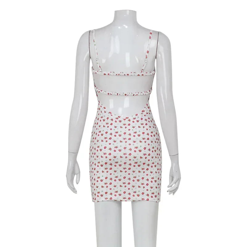 Sexy Slim Suspender Nightgown Women Chemise Sleepwear Home Dress Backless Mini Nightdress Lingerie Print Flower Nightwear Nighty