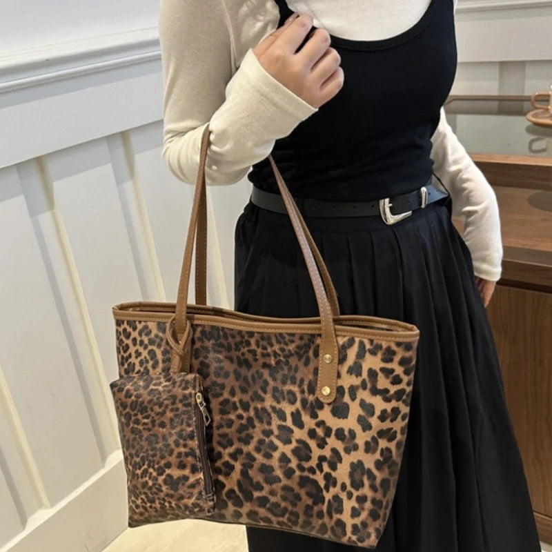 Women's Leopard Print Tote bag Pu Leather Underarm Bags Simple Casual Travel Shopping Bag Large Capacity Mother and Child Packag