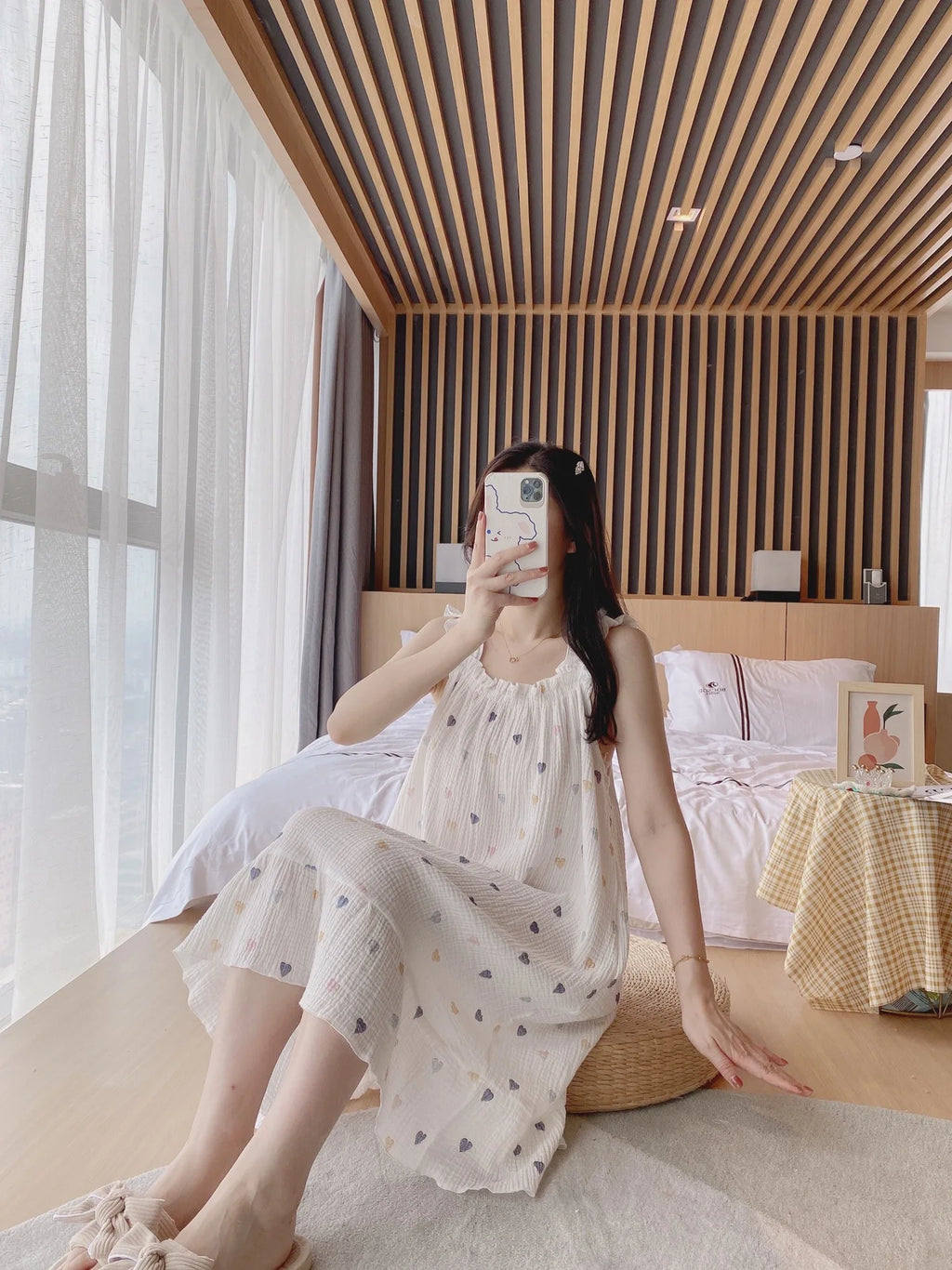 2026 new women's summer cotton yarn, pure cotton suspender sleepwear loose medium to long sweet and cute long skirt home wear