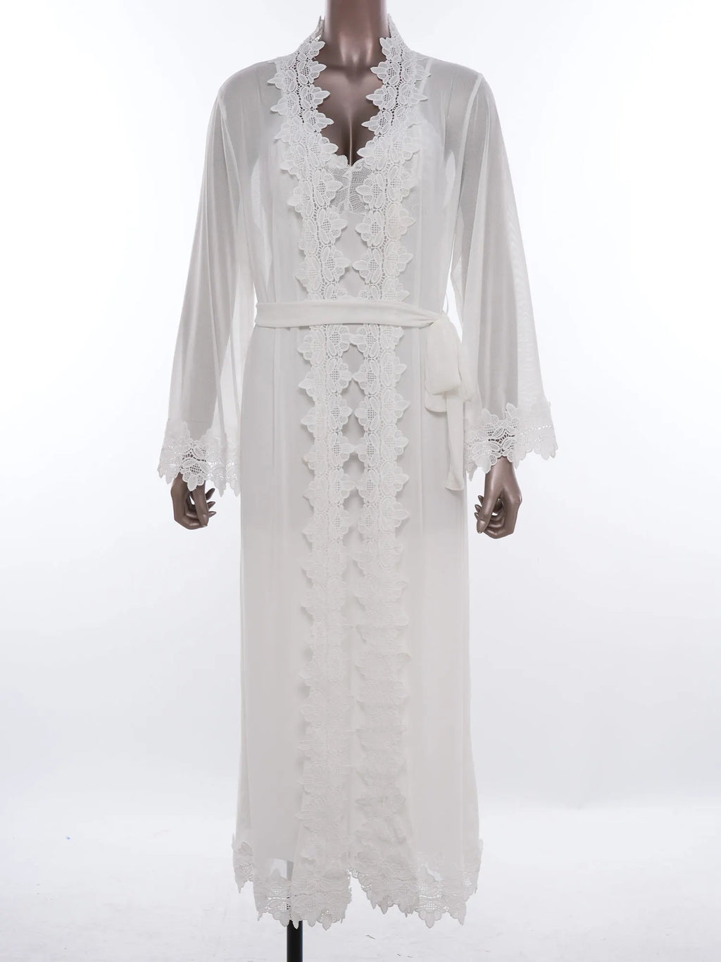 Womens Floral Lace Nightgown Set Long Sleeve Sheer Mesh Robe with Backless Satiny Sling Dress Gown Belt for Bride Wedding Night