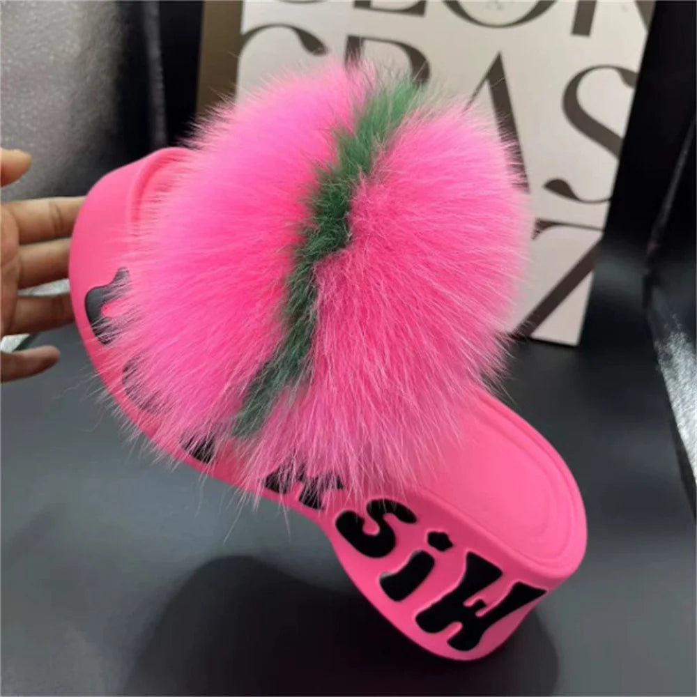 Comfortable Fluffy Fur Shoes For Woman 2026 Summer Sandals Luxury Designer Real Fox Fur Slippers Women Fashion Beach Flip Flops