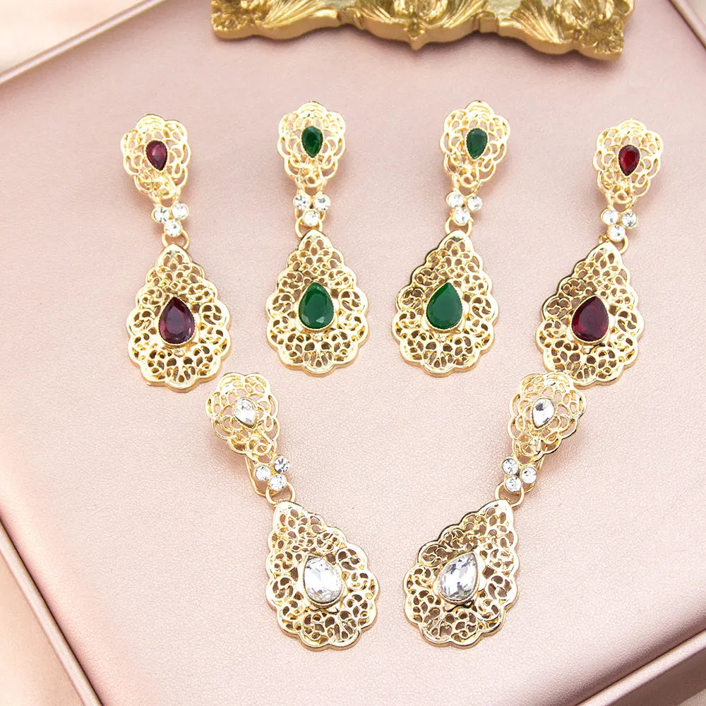 Elegent Arabic Morocco Women Hollow Filigree Brooch Drop Earring Sets Gold Color Bridal Wedding Jewelry Crystal Bijoux