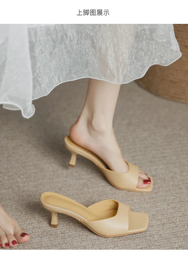 Genuine Leather French Slim Heel Slippers for Women's Summer New Fashionable Sandals Women Sweet Round Toe Slipper Ladies Shoes