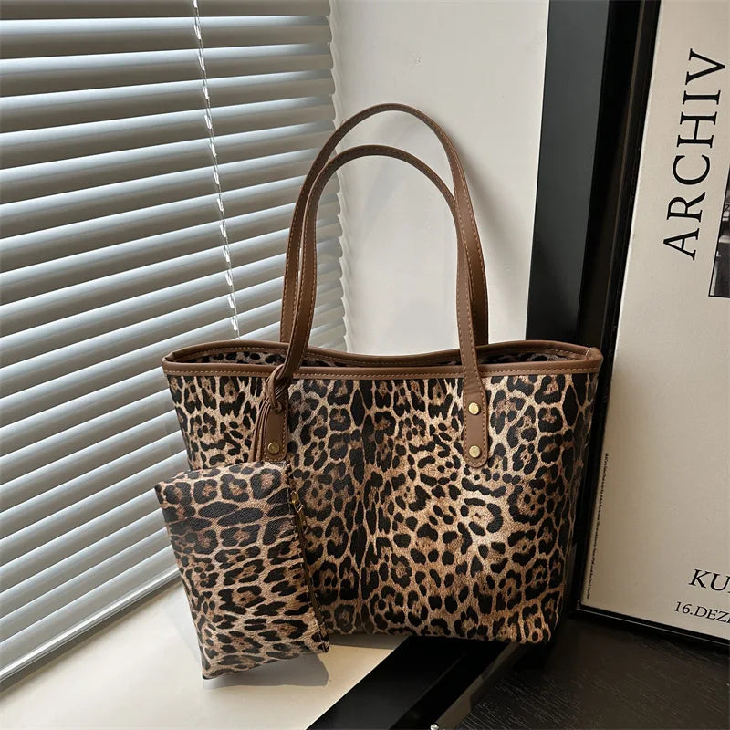 Women's Leopard Print Tote bag Pu Leather Underarm Bags Simple Casual Travel Shopping Bag Large Capacity Mother and Child Packag