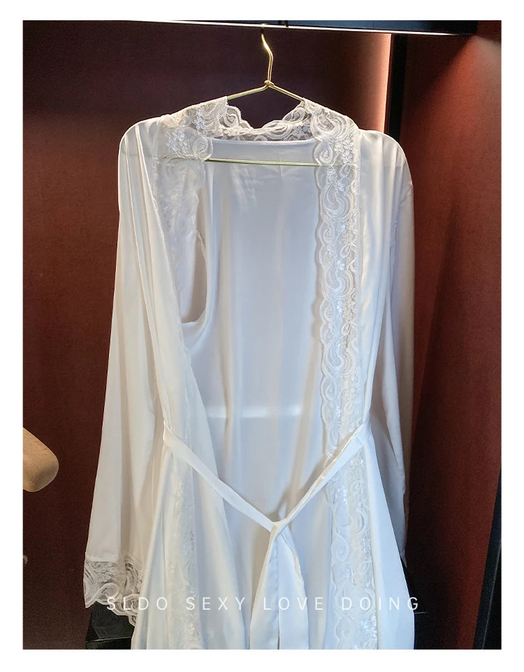 Wedding Bridal Bathrobe Big Lace Flower Nightie Wear Women Satin Kimono Long Loose Peignior Spring Autumn New Intimate Lingerie