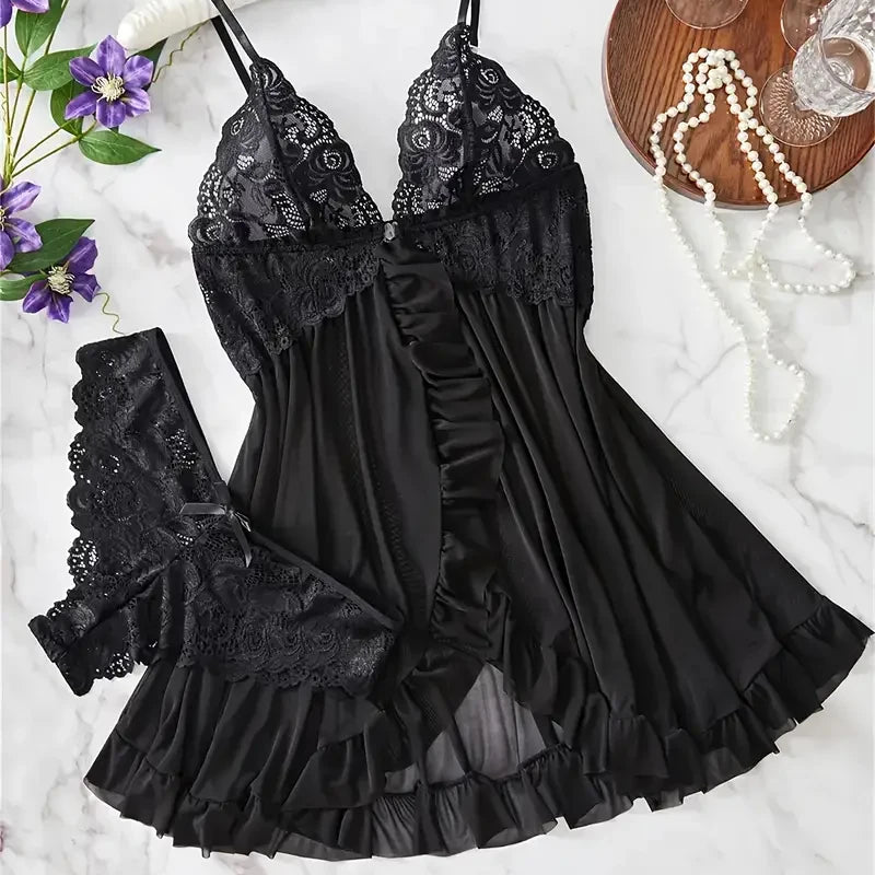 Transparent Lace Women Erotic Open Bra Blue Sling Nightgown Underpants Set Deep V Wedding Night Nightgown Sexy Lingerie Costumes