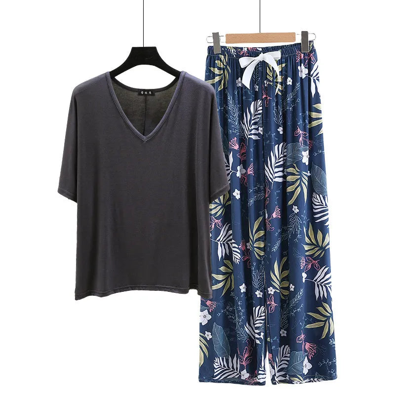 V Neck Tshirt with Poplin Floral wide leg pants summer cool pajamas sets Loose casual homewear suit Rayon Loungewear all match