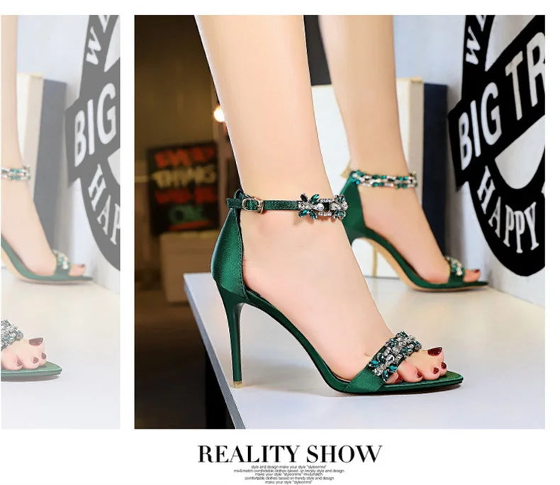Open Toe Rhinestones Sandals Women 2024 New Designer Luxury High Heels Female Shoes Summer Heeled Satin One Word Belt 368-1