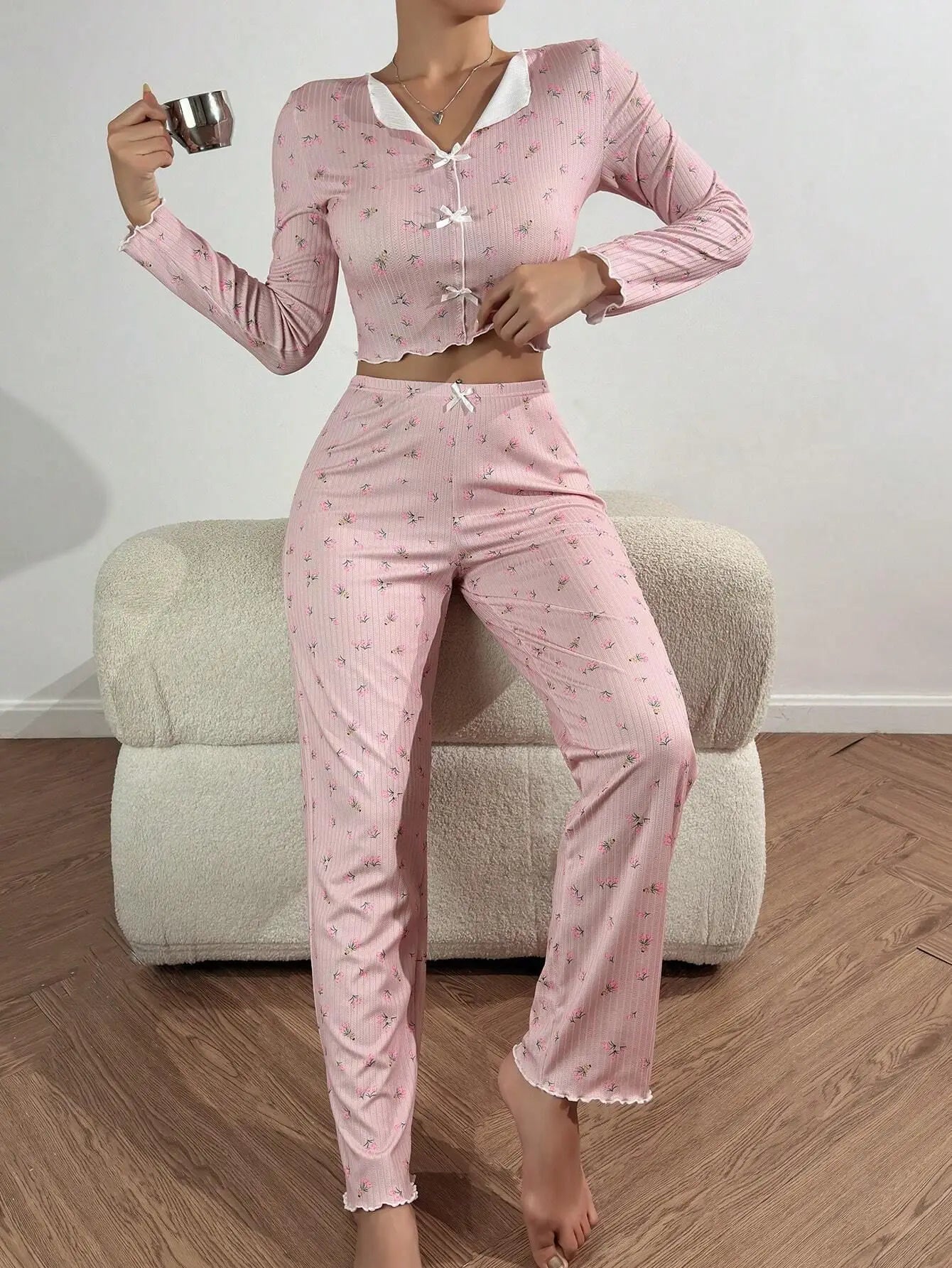 Y2K Cute Floral Ribbed Pajama Set Womens Long Sleeve V Neck Two Piece Sleepwear Homewear Autumn Winter Bow Lettuce Trim New Hot