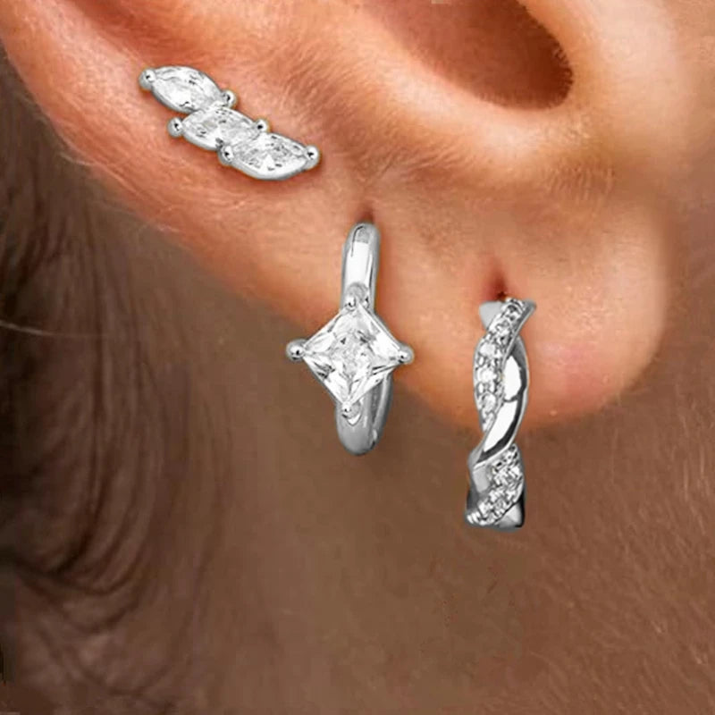 3PCS Sets Stainless Steel Square Zirconia Hoop Earrings For Women Daily Life Cartilage Stud Earrings Piercing Jewelry Gift