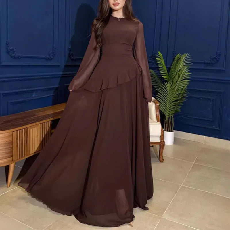 Robes for Woman Elegant O Neck Solid Ruffles Party Pleated Dress Spring Autumn Flare Sleeve Tie-up Slim Female Clothing Vestidos